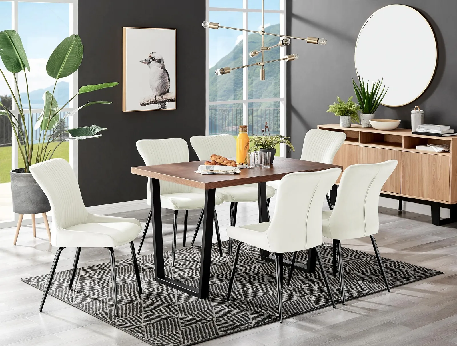 FurnitureboxUK Kylo Large Brown Wood Effect Dining Table & 6 Nora Black Leg Velvet Chairs in Cream