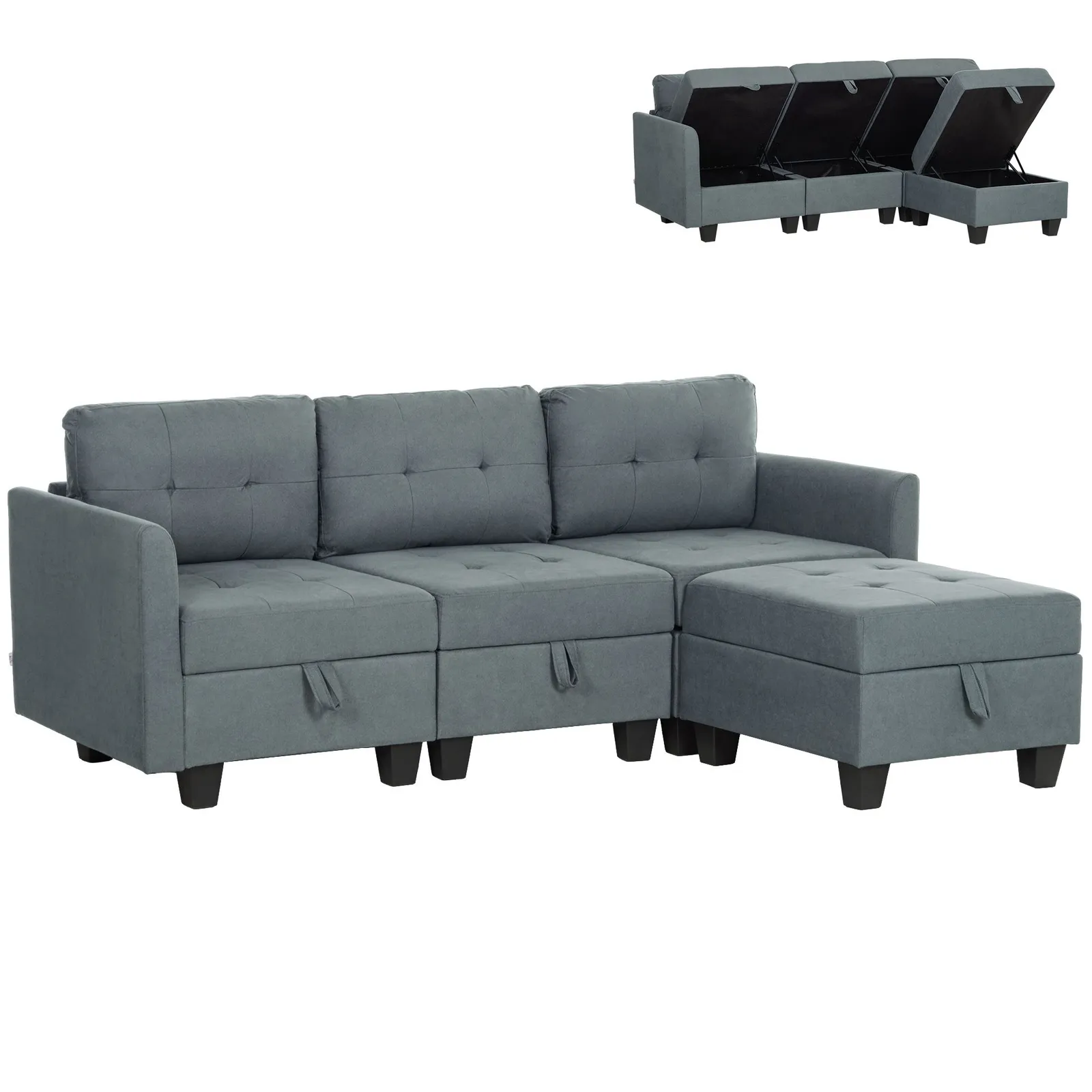 HOMCOM Convertible Modular Sectional Sofa w/ Storage Wood Frame Dark Grey 2