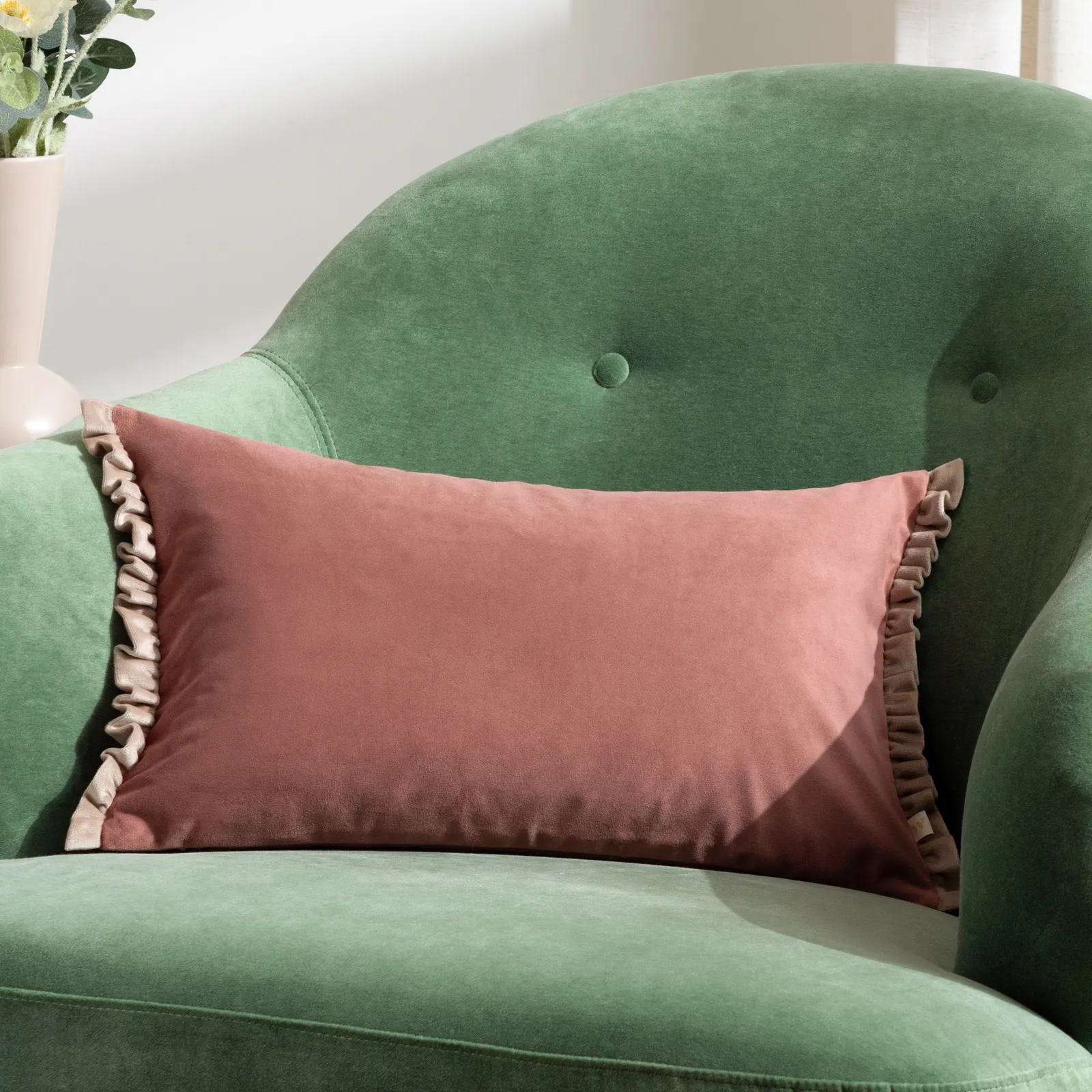 Wylder Tilly Velvet Frill Reversible Cushion in Peach 1