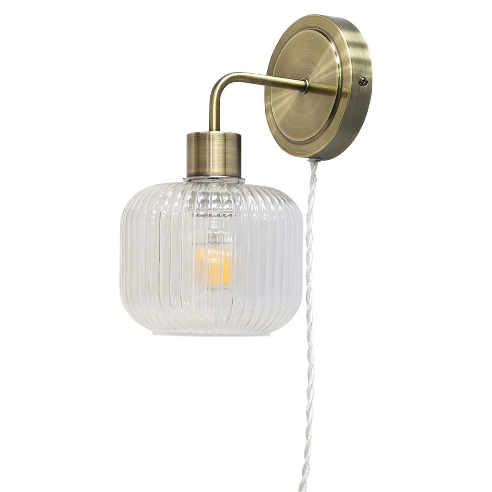 First Choice Lighting Set of 2 Toby - Antique Brass Plug in Wall Lights Ribbed Glass Shades in Gold 3