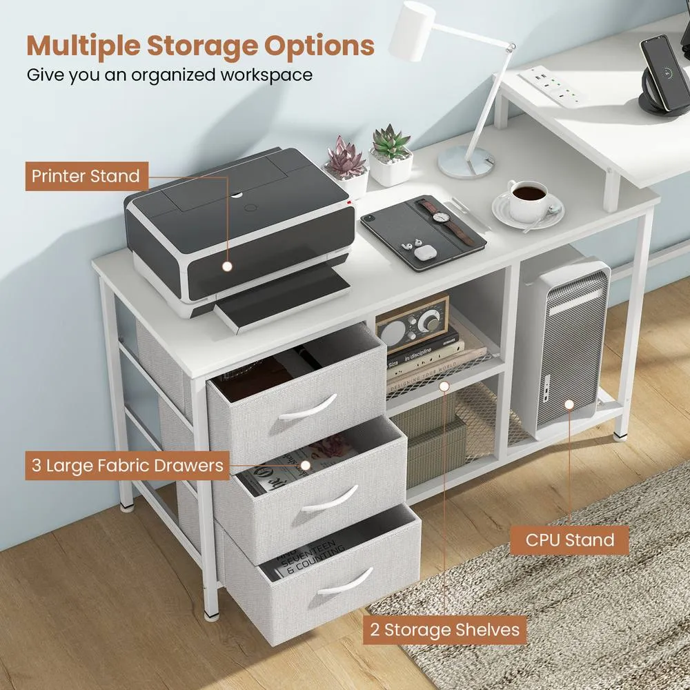 Costway L-Shaped Computer Desk with Drawers & Shelves in White 6
