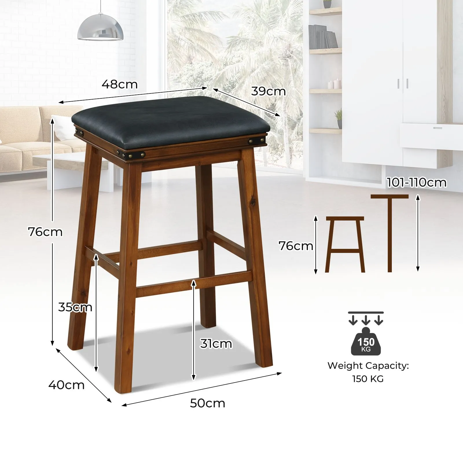 Costway 2PCS 76cm Bar Stools PU Leather Padded Upholstered Counter Height Chair Backless 2