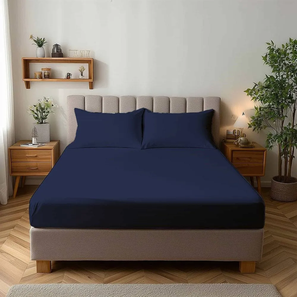Snug City Microfibre Soft Touch Fitted Sheet 25cm Skirt Plain Dyed Bed Linen in Navy