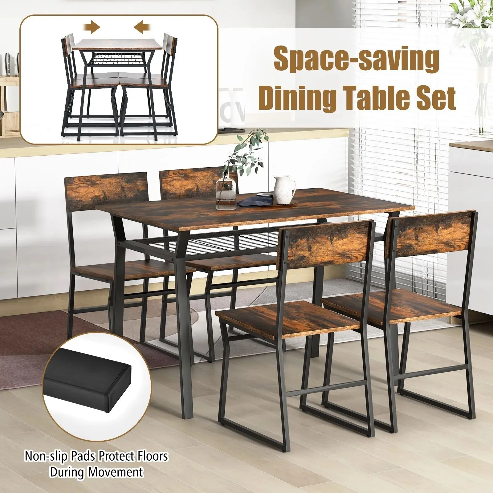 Costway 5PCS Dining Table Set Industrial Rectangular Kitchen Table W/4 Chairs in Brown 6