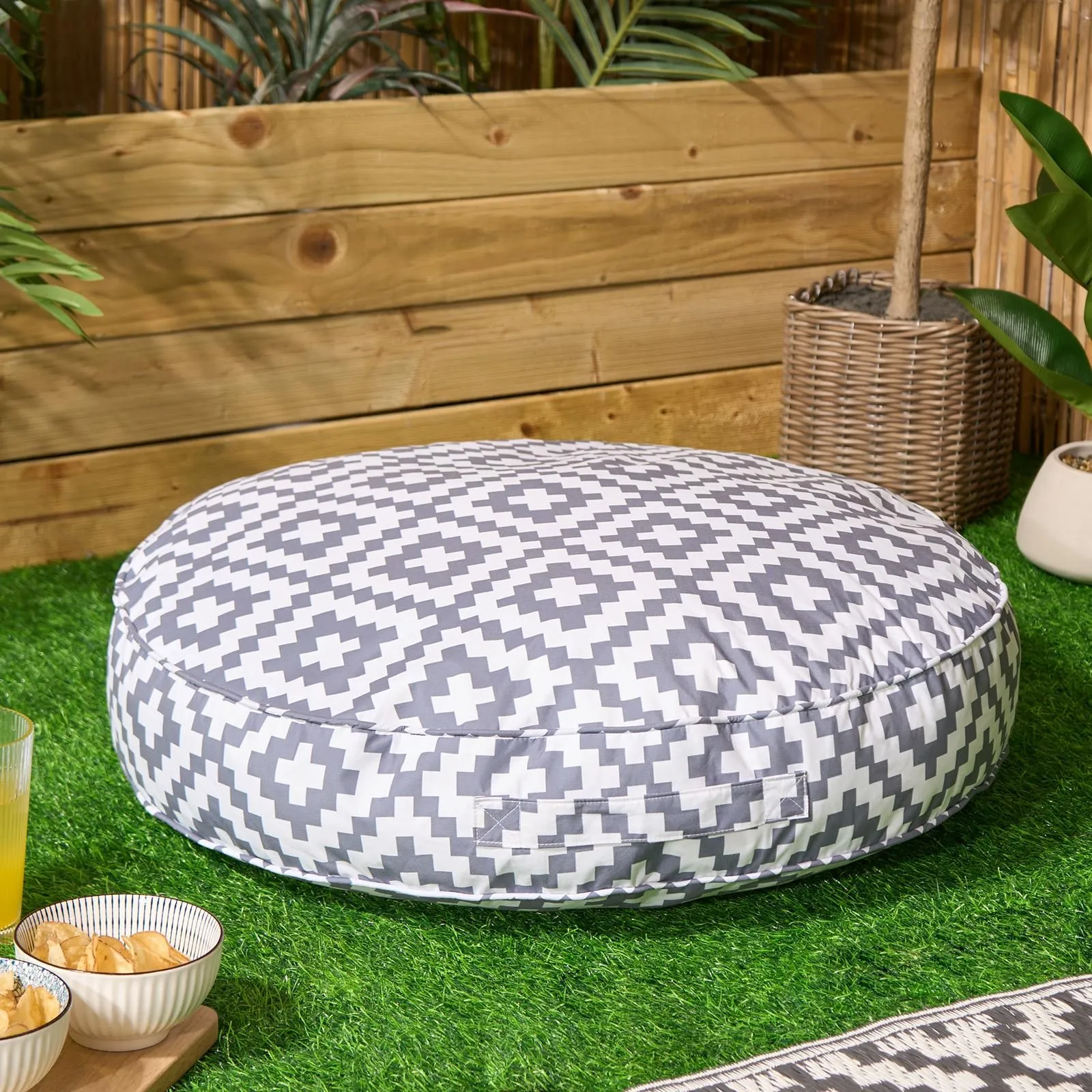 OHS Large Outdoor Cushion Round Decorative Floor Garden Water Resistant in Light Grey