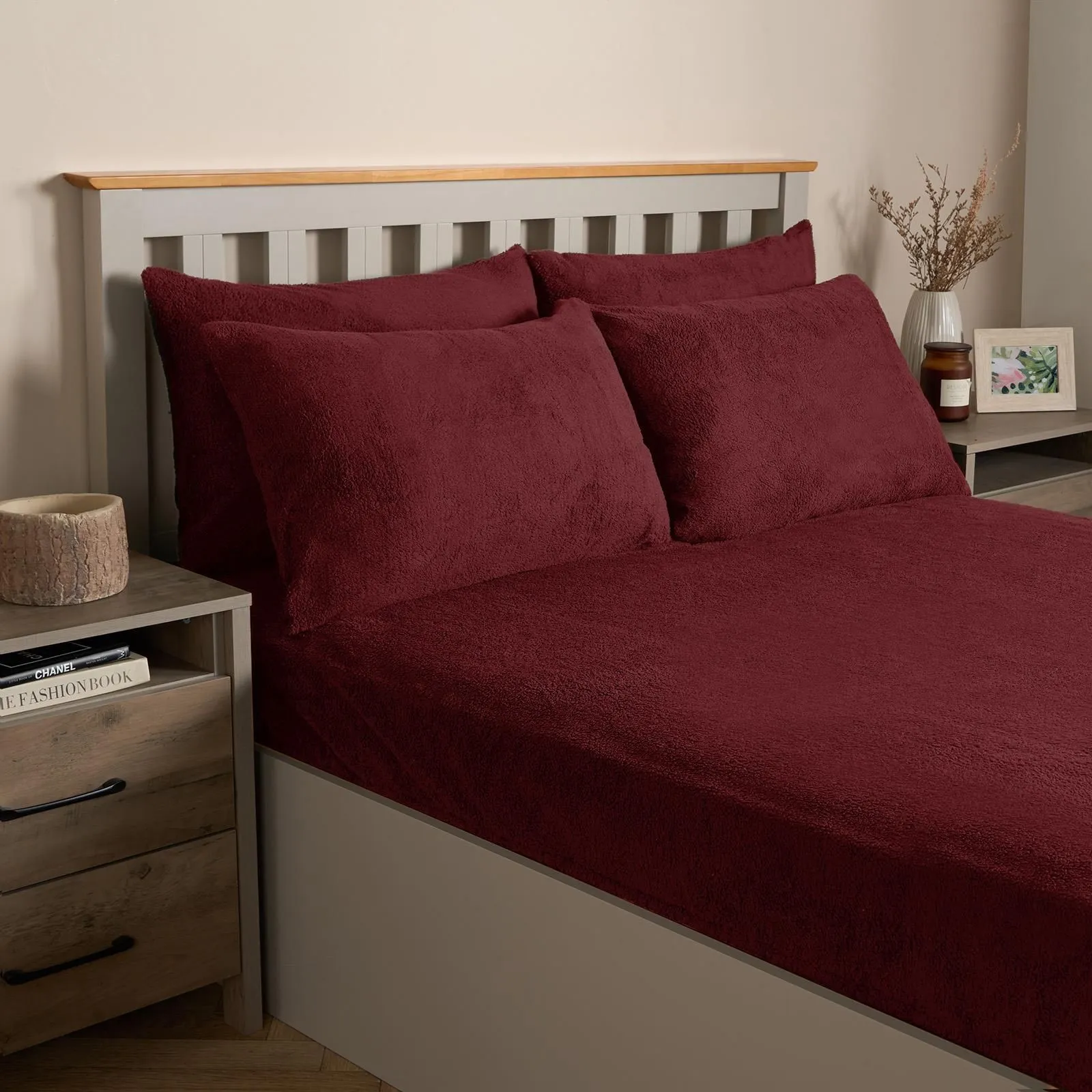 OHS 4 Pack Teddy Fleece Pillowcase Cover Bedding Set Thermal in Burgundy
