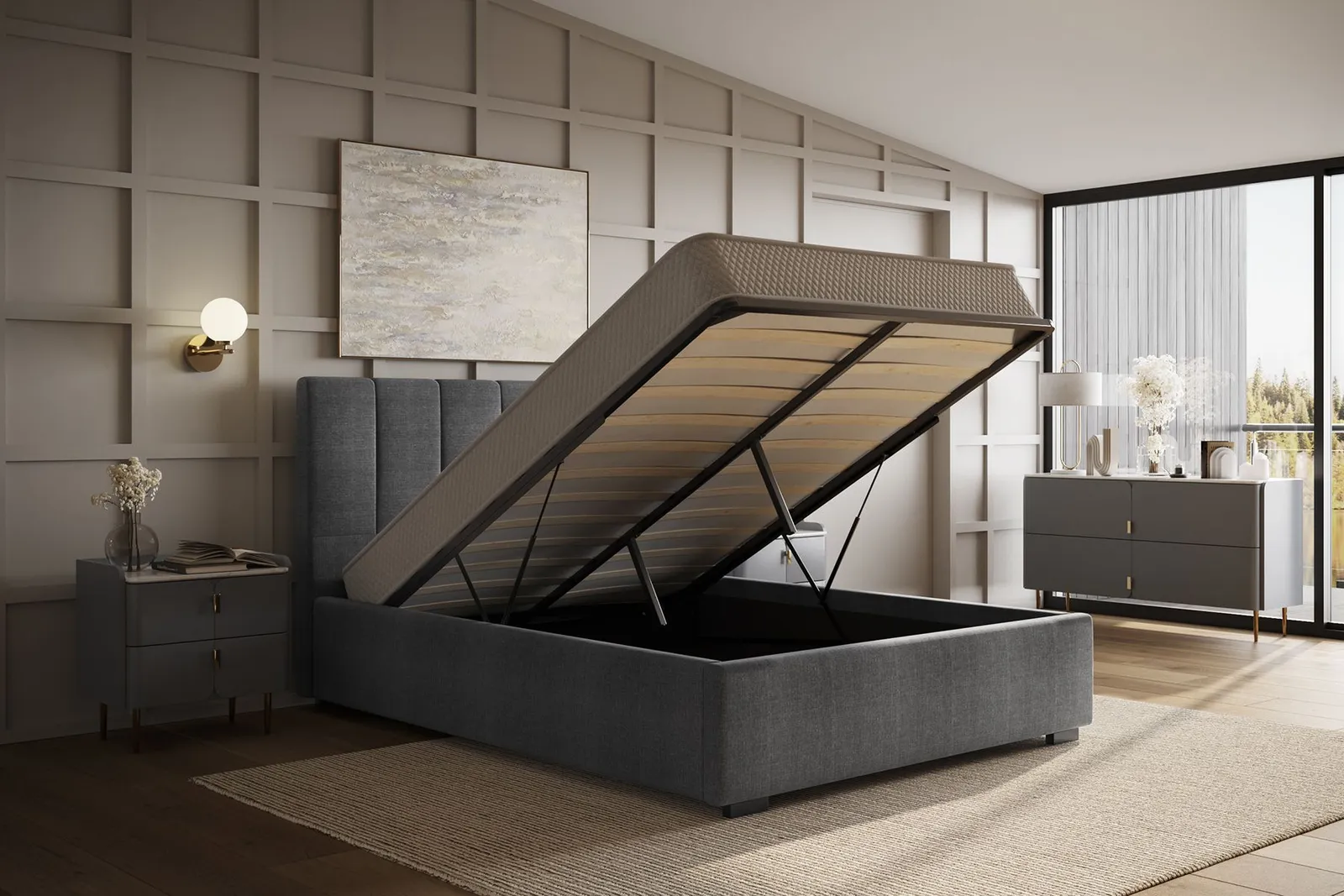 Flair Waltz Fabric Ottoman Bed in Grey 3