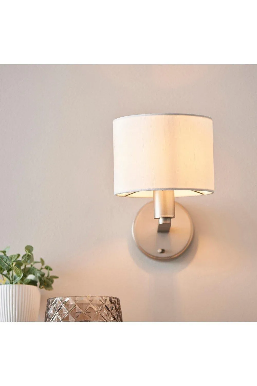 Netlighting Daley 1 Light Indoor Wall Light Matt Nickel Plate Vintage White Faux Silk E14 in Grey 2
