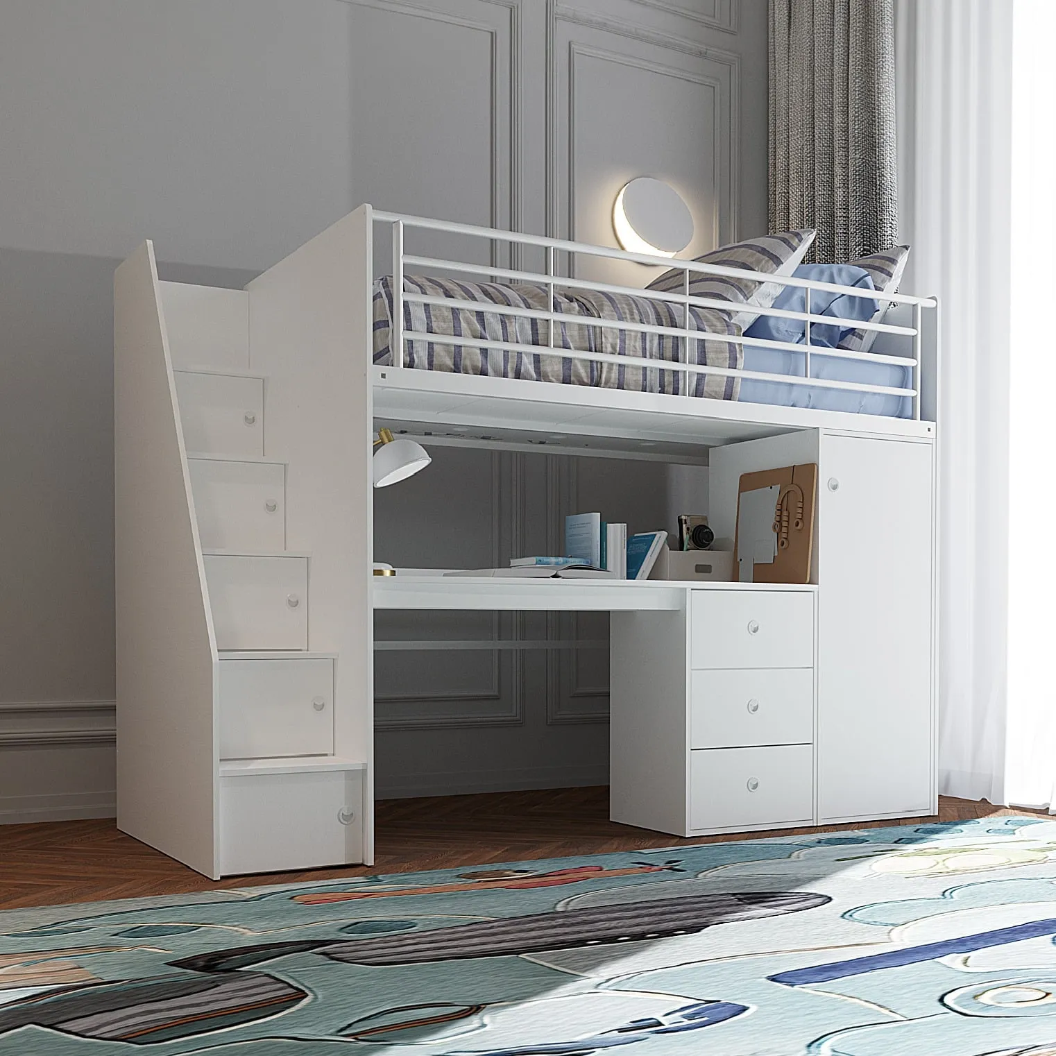 Dakota - Single - High Sleeper with a Desk, Drawers and Cupboard - White - Wooden - 3ft - Happy Beds