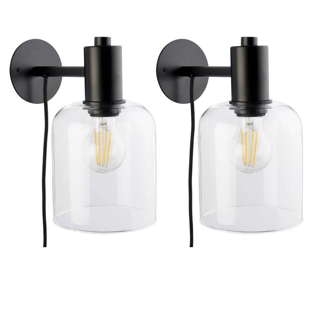 First Choice Lighting Set of 2 Maxton - Black with Clear Glass Plug In Wall Lamps