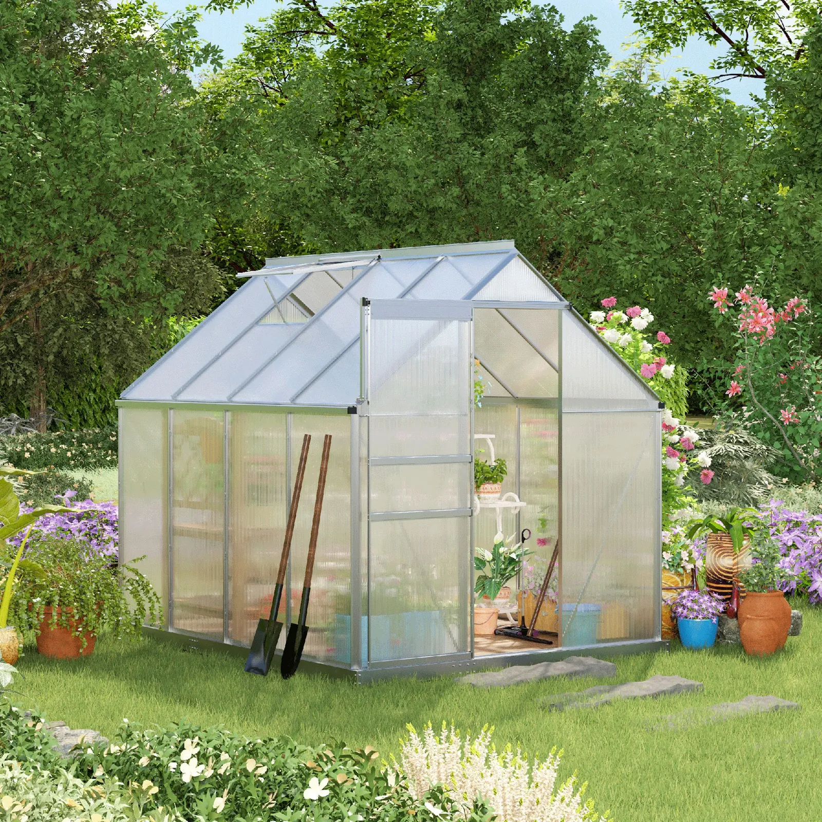 OUTSUNNY Polycarbonate Walk-in Garden Greenhouse w/ Sliding Door Silver Tone