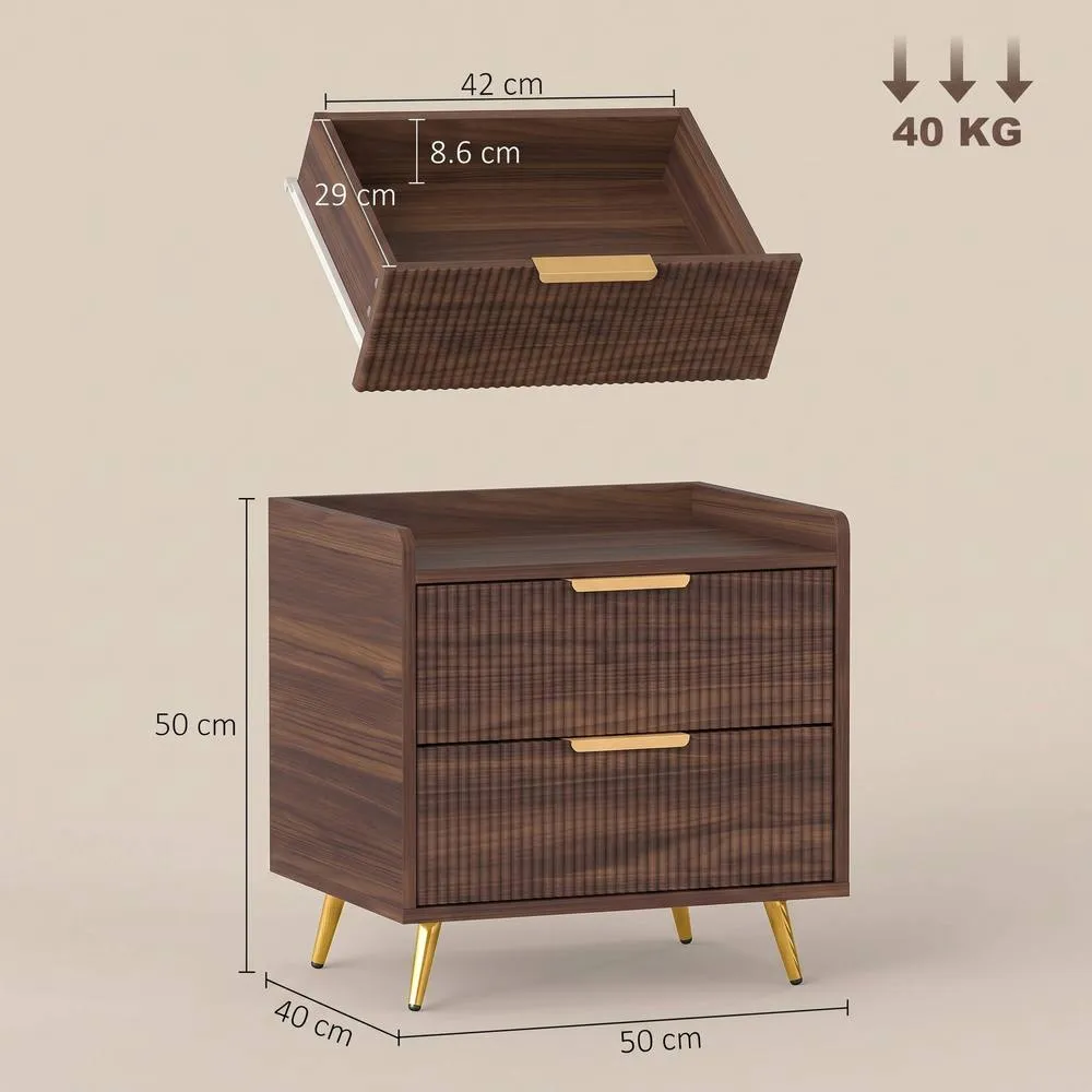 HOMCOM Bedside Table with 2 Drawers for Bedroom, Living Room, Walnut Brown 3