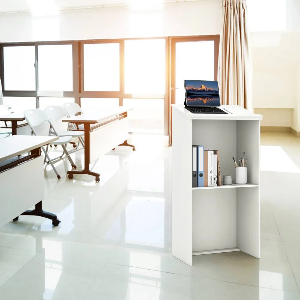 Costway 117CM Podium Stand Hostess Stand for Speakers Wooden Standing Desk in White 3