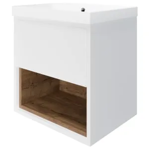Wickes Nexus Matt White & Natural Halifax Oak Wall Hung Vanity Unit & Nexus Basin - 546 x 500mm