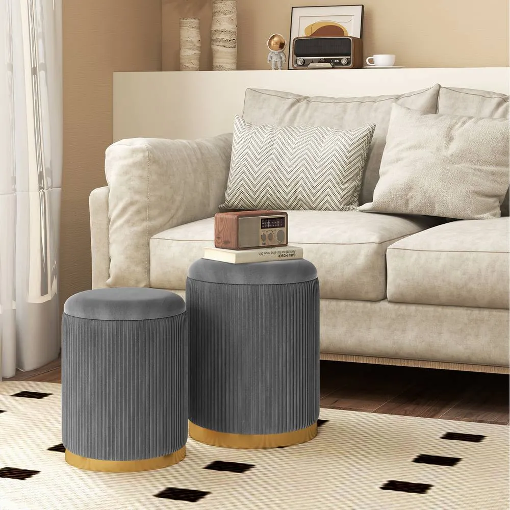 Costway 2 Pcs Velvet Round Footstools Nesting Storage Ottoman-Grey in Grey