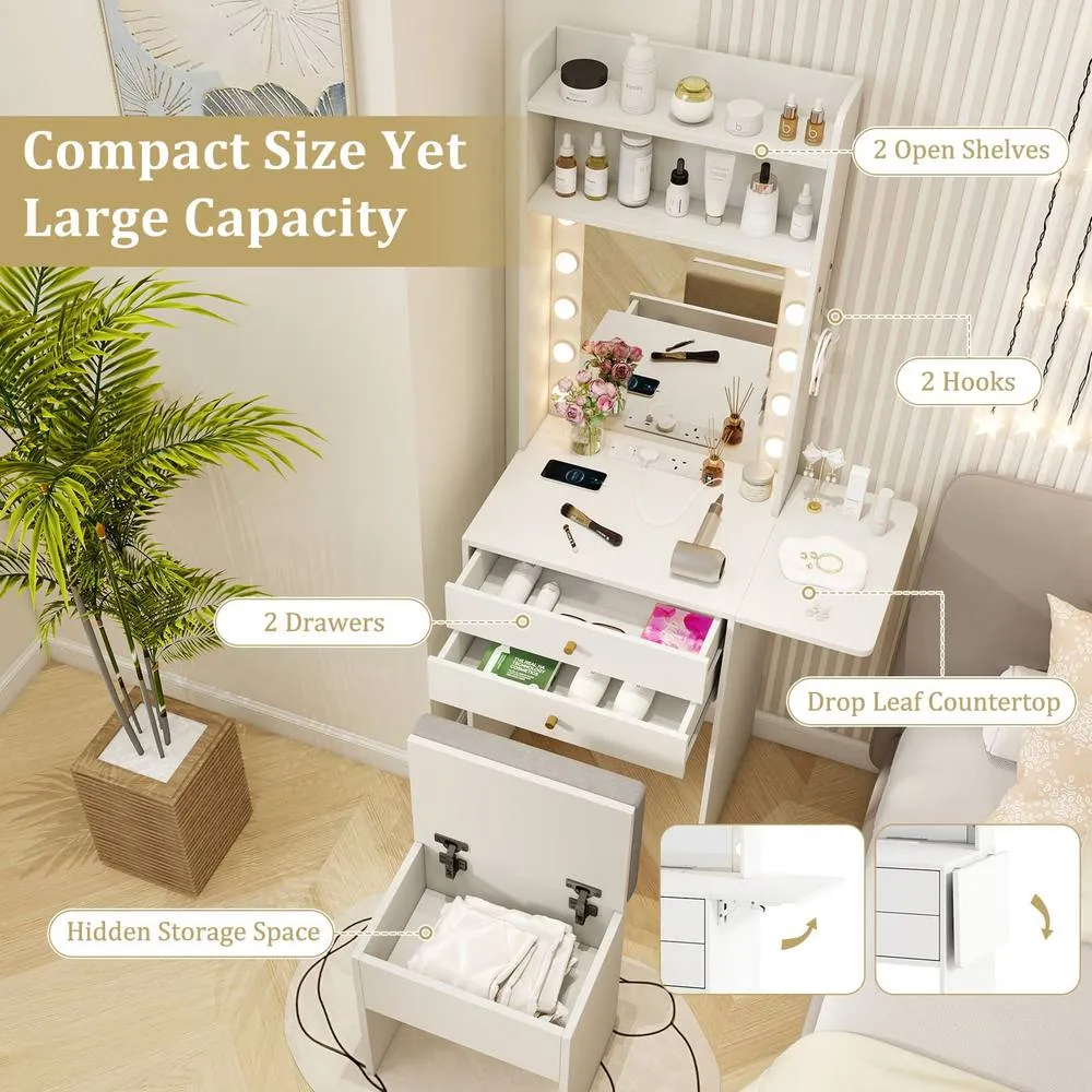Costway Small Makeup Vanity Desk Dressing Table Set with Mirror & Lights in White 2