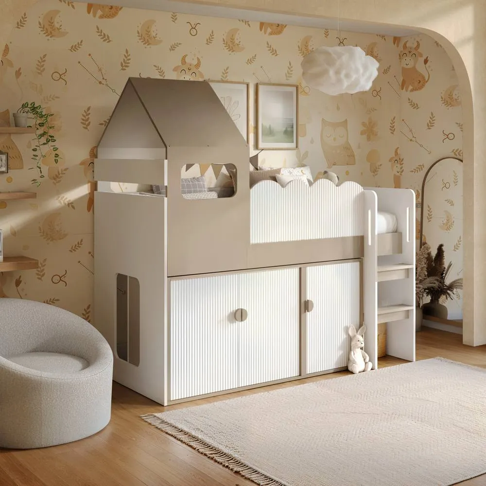 Flair Calista Ribbed House Mid Sleeper Bed with Storage White & Taupe