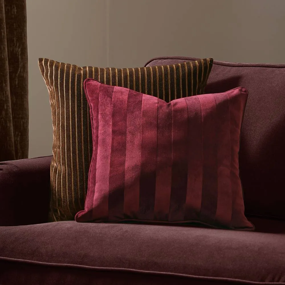 Paoletti Regency Stripe Velvet Cushion in Burgundy 1
