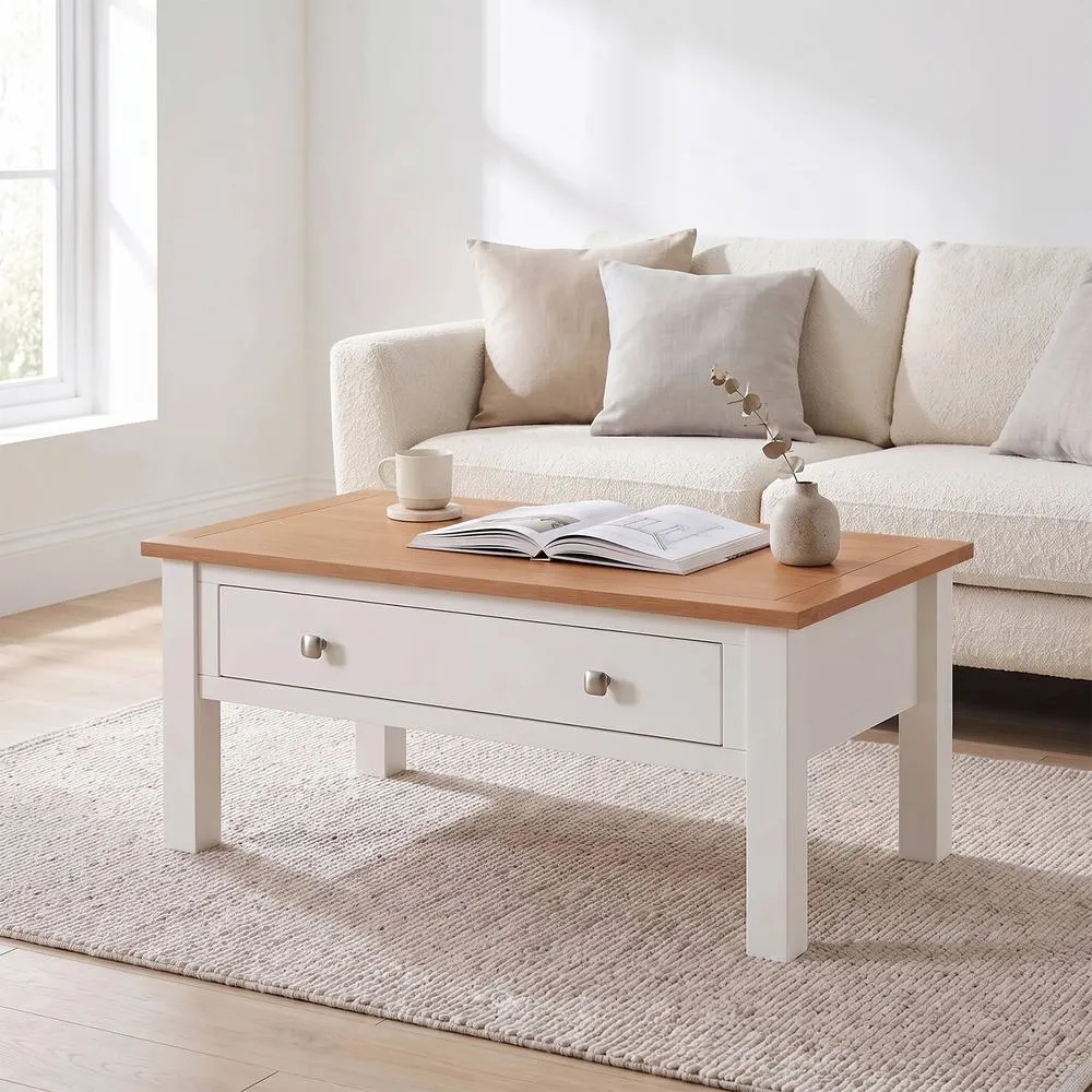 Seconique Cambridge 1 Drawer Coffee Table - Linen/Oak (Part assembled) in White