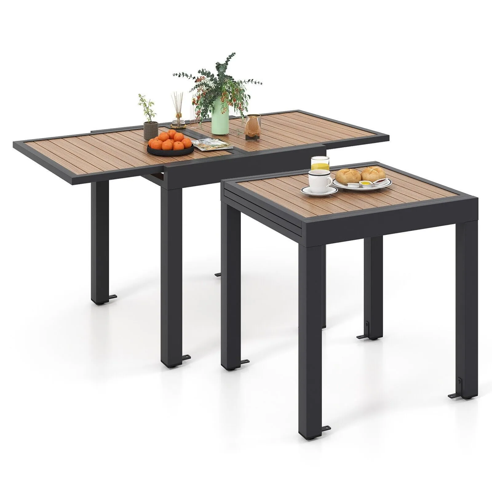 Costway 4-6 People Extendable Patio Dining Table Wood-like Rectangular Aluminum Table in Brown
