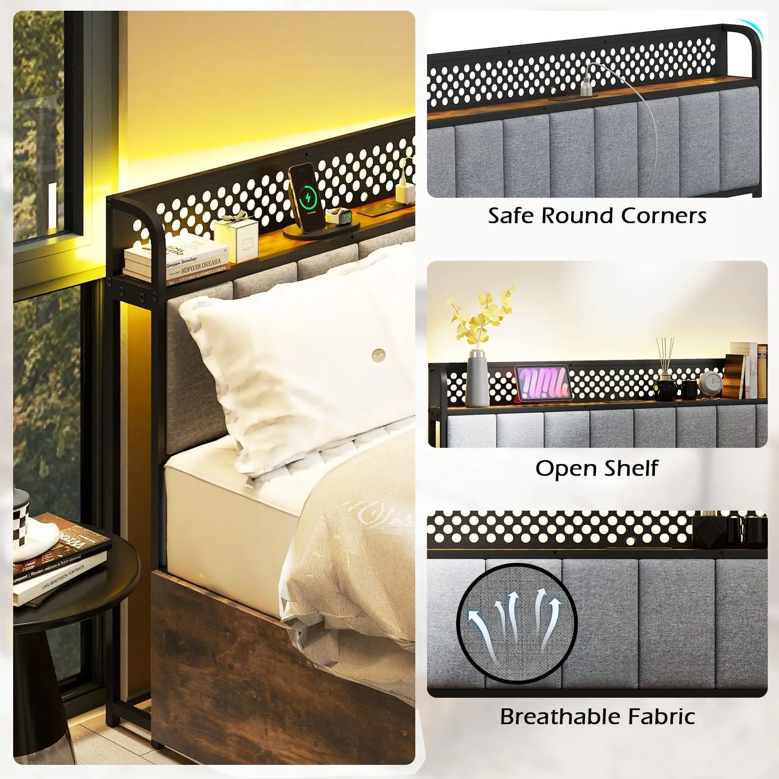 Costway Double Bed Platform Bed with LED Lights & USB Power Outlets in Brown 5