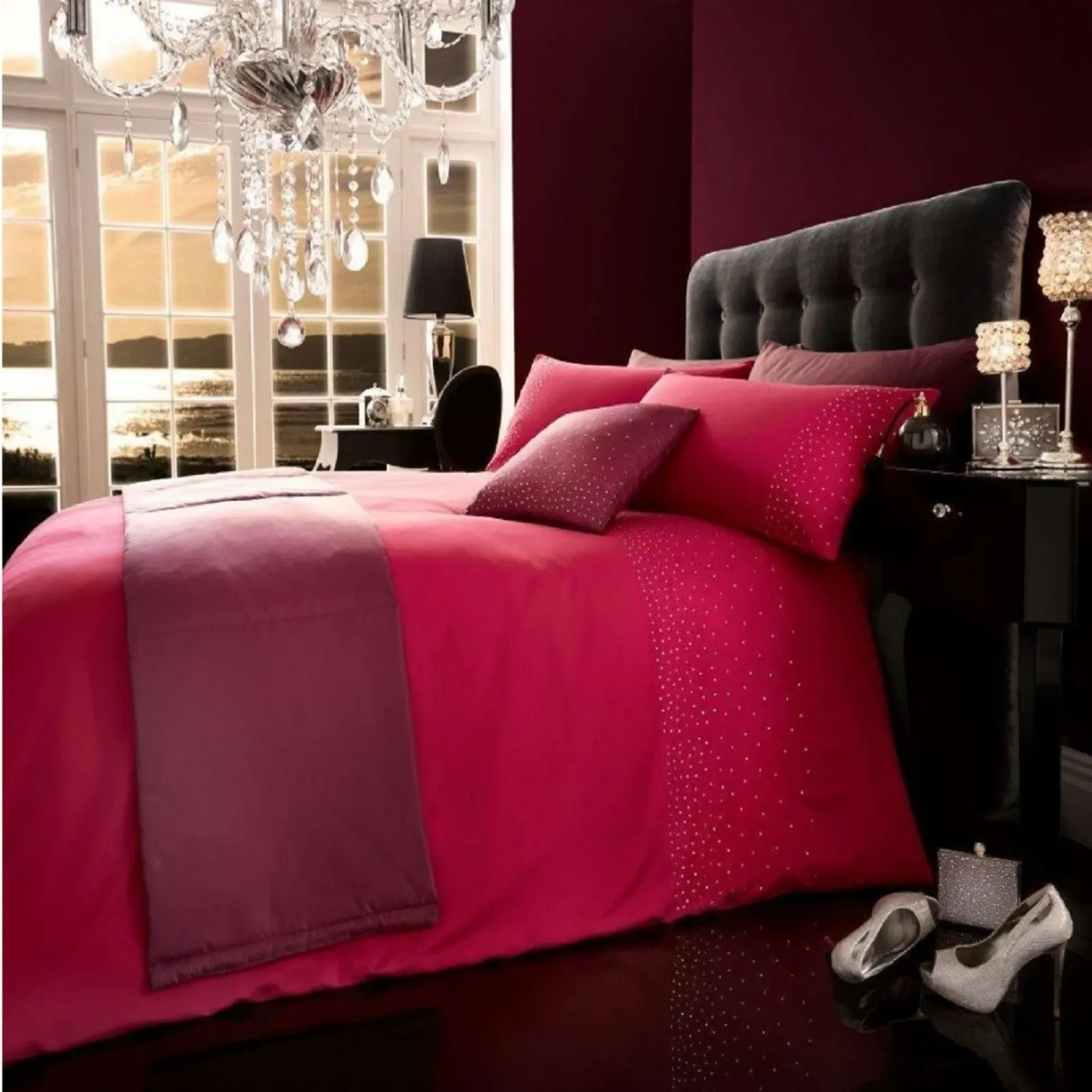 Smart Living Diamante 5PC Complete Bedding Set Duvet Cover, Pillow Pair, Cushion Cover, Bed Runner in Fuchsia 2