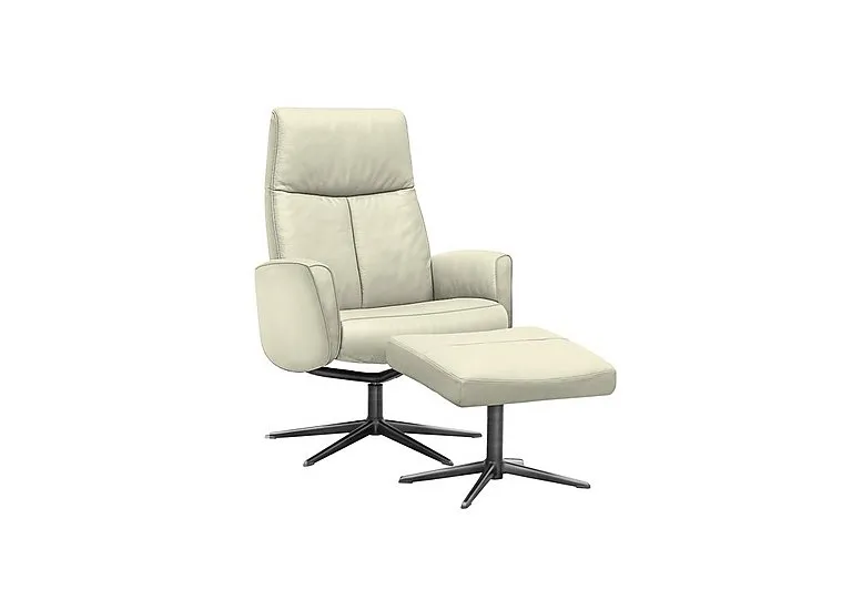Vaasa Leather Swivel Recliner Chair and Footstool with Black Base - Cambridge Chalk