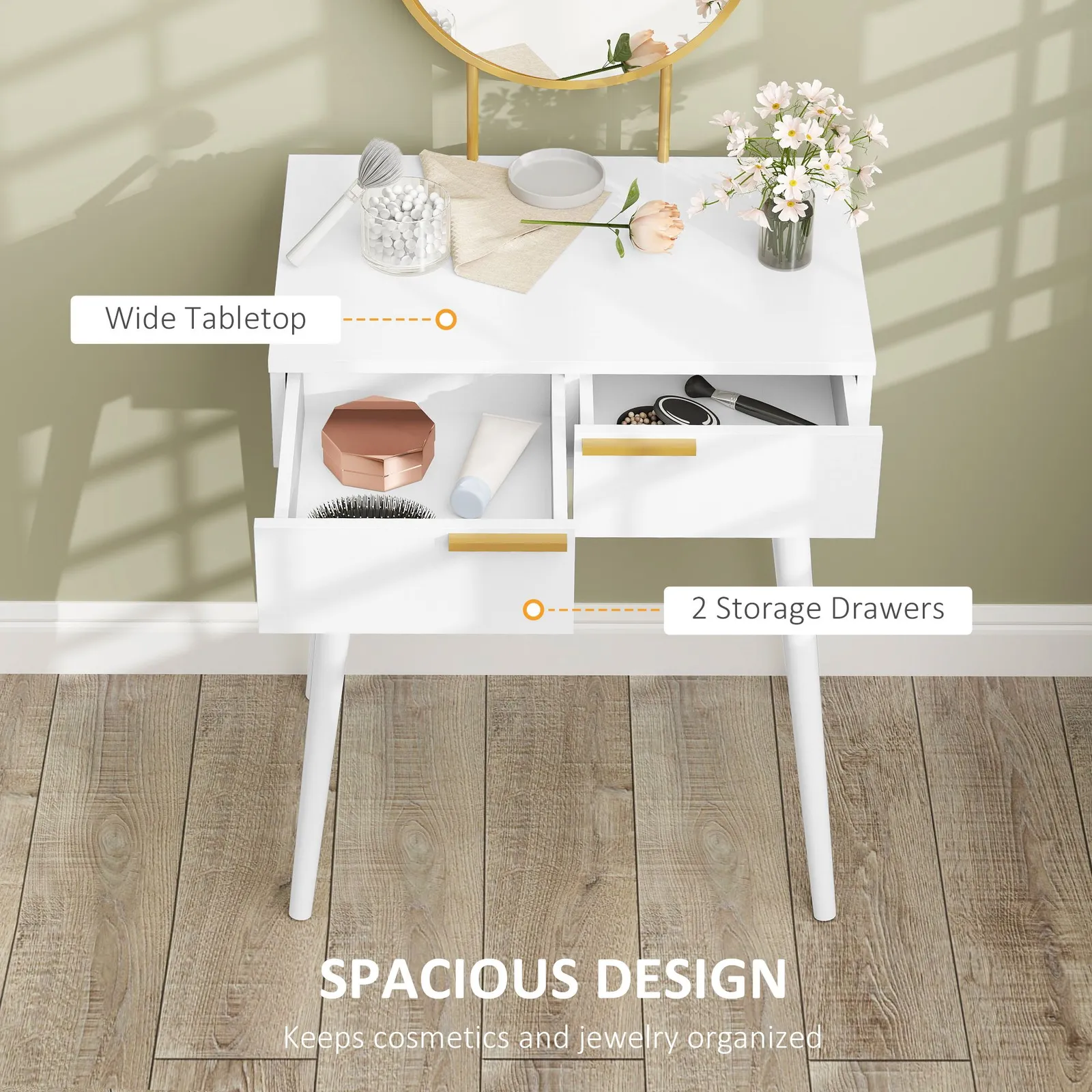 HOMCOM Modern Dressing Table w/ 2 Drawers Round Mirror for Bedroom White 5
