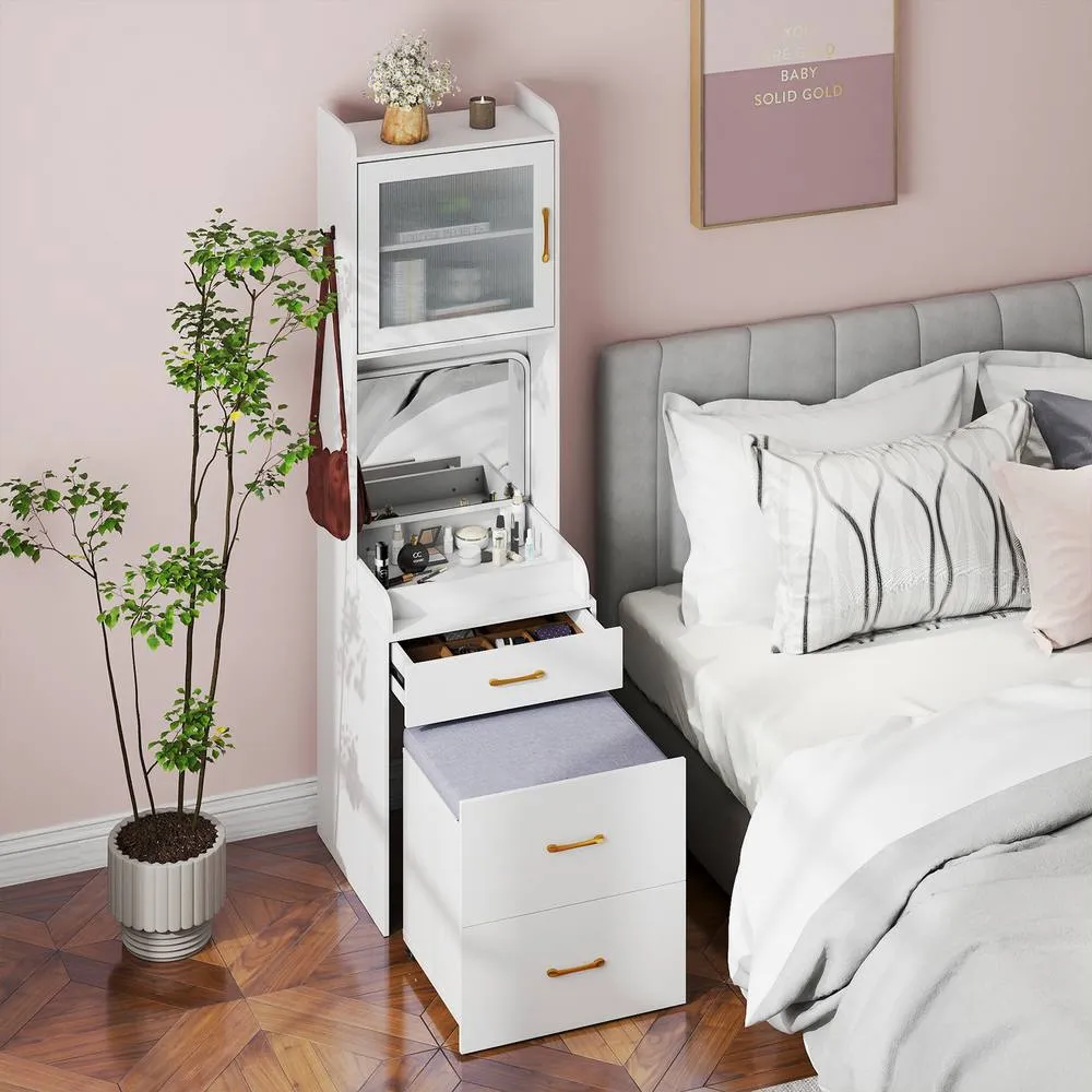 Costway Vanity Desk w/ Flip-up Mirror & Movable Storage Stool Makeup Table in White 4