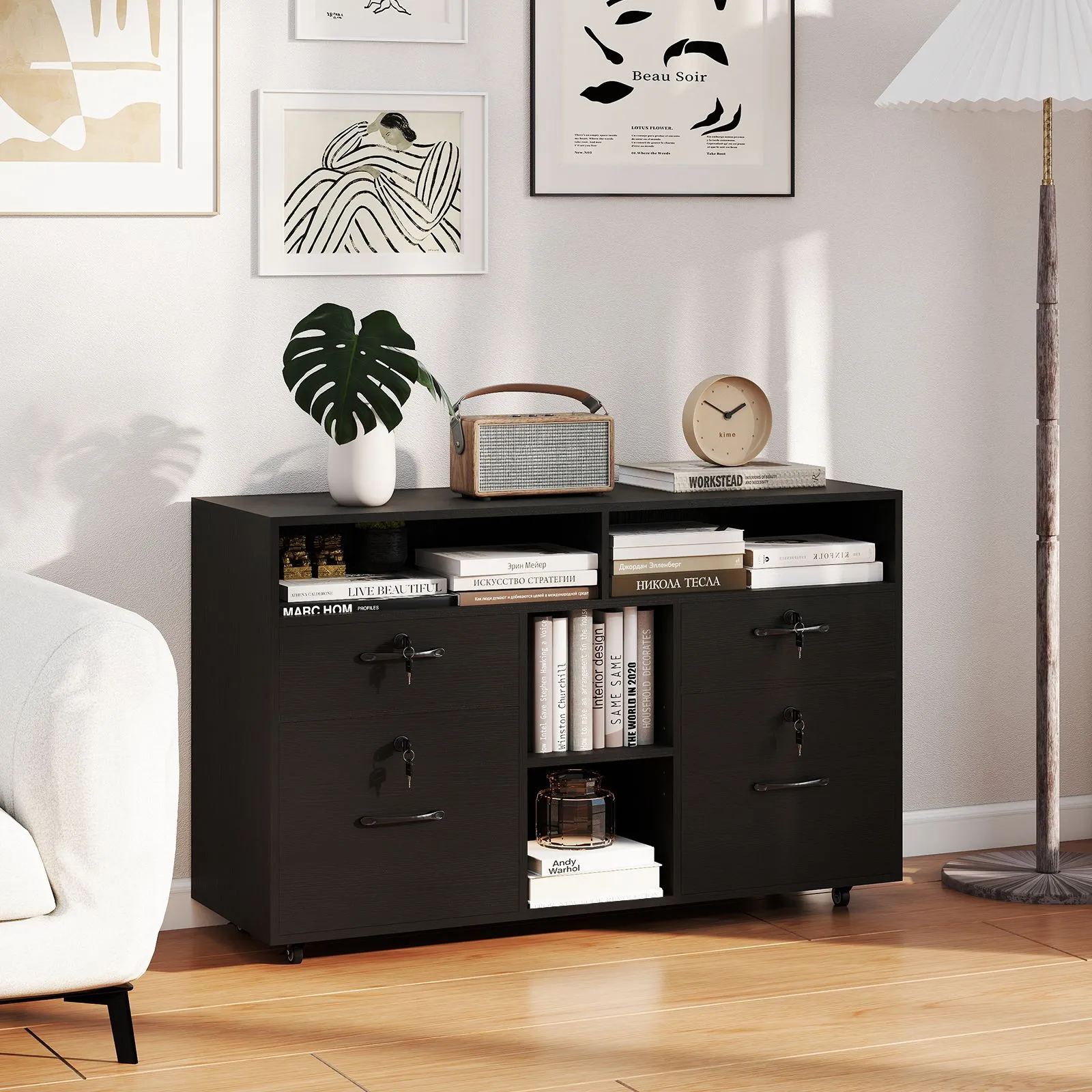 Costway File Cabinet Mobile Lateral Filing Storage Organizer with Lock in Black 3