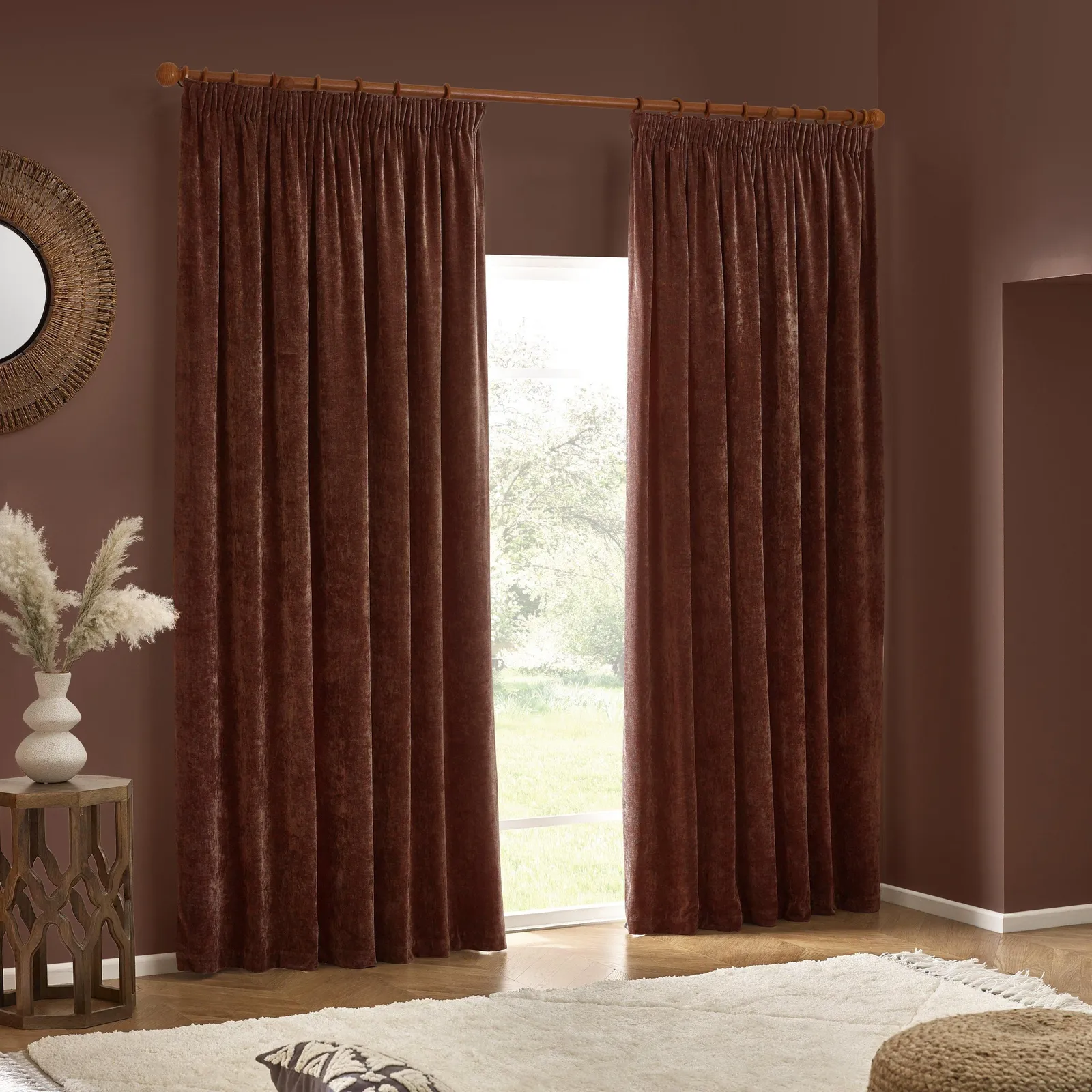 Yard Heavy Chenille Velvet Room Darkening Pencil Pleat Curtain Pair in Dark Brown 5