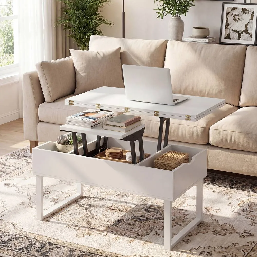 Costway Lift Top Coffee Table 3-in-1 Convertible Coffee Table Cocktail Table in White 3