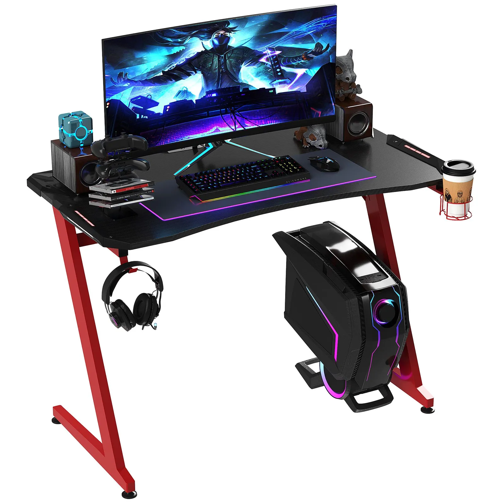 HOMCOM Gaming Desk with Gamepad Holder Cup Holder Headphone Hook in Red 2
