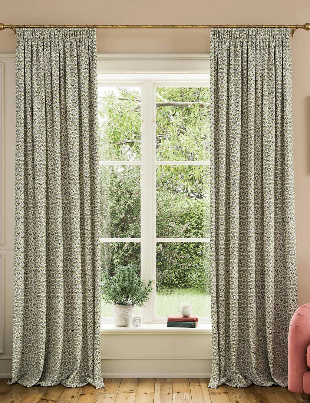 Joules Floral Foulard Pure Cotton Pencil Pleat Curtains Cream Mix