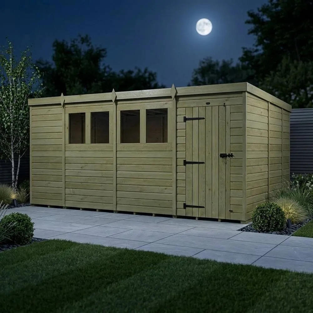 Buttercup Farm 15ft x 9ft Pent Garden Shed Single Door With Windows - Timber in Brown 3