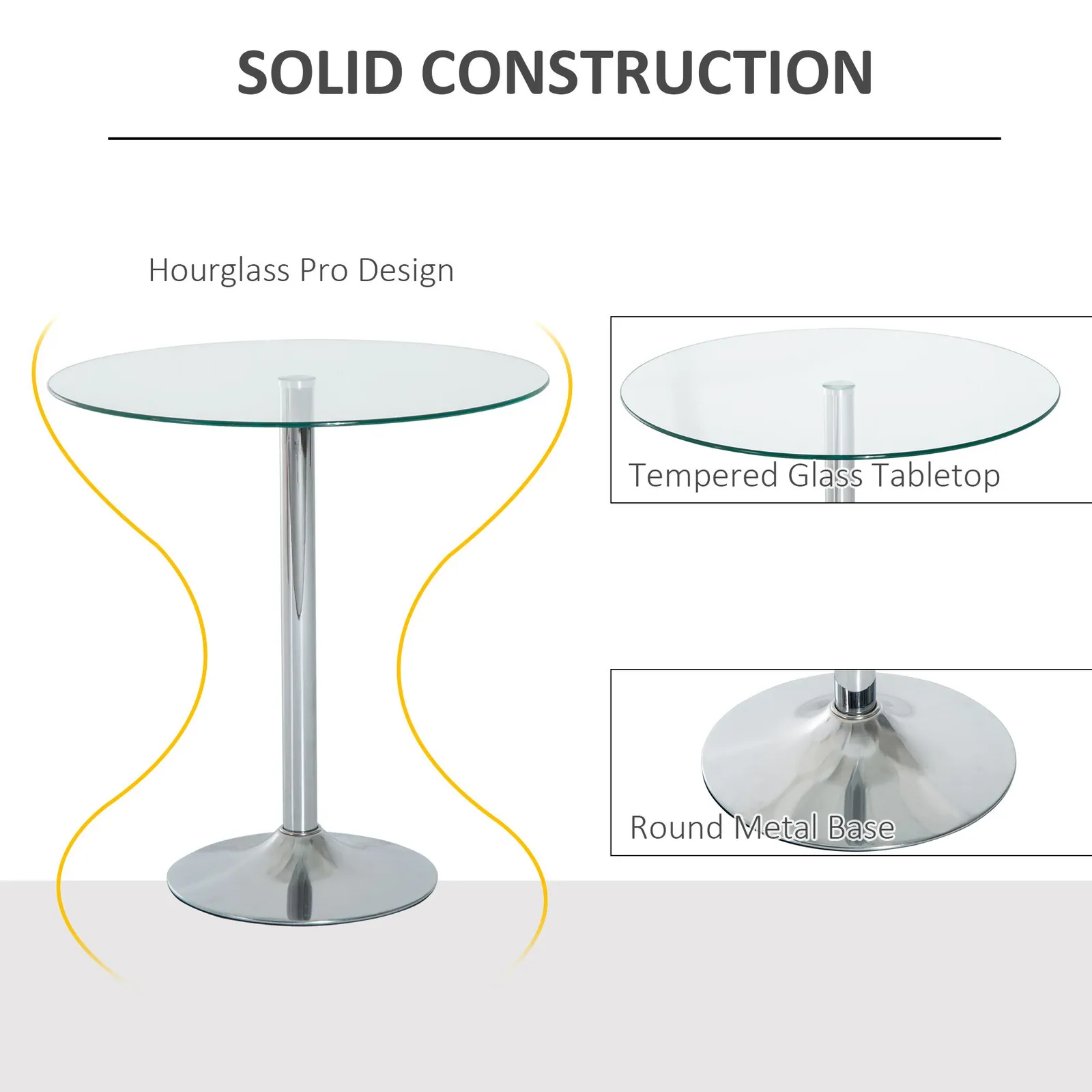 HOMCOM Metal Round Dining Table Bistro Pub Counter with Tempered Glass Top in Silver 4
