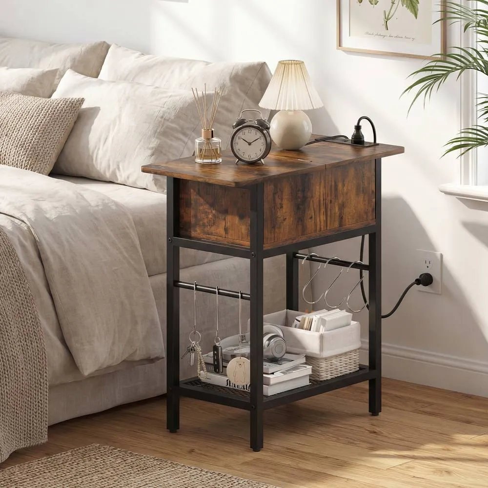 Costway Skinny Sofa Side Table Narrow End Table with Charging Station in Brown 5