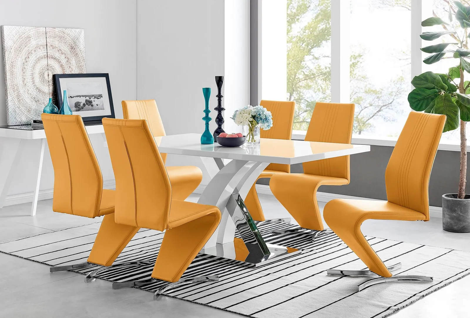 FurnitureboxUK Atlanta Modern Rectangle Chrome Metal High Gloss White Dining Table & 6 Willow Chairs Set in Mustard 1