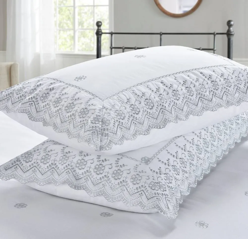 Rapport Home Gabrielle Embroidered Polycotton Floral Duvet Cover Set with Pillowcase in Silver 3