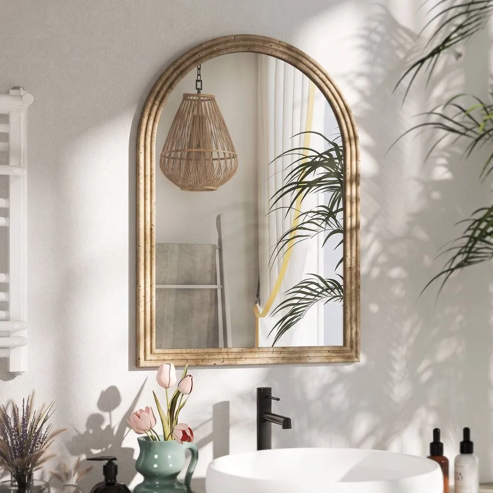HOMCOM Modern Wall-Mounted Mirror with Grooved Edge, Brown 2