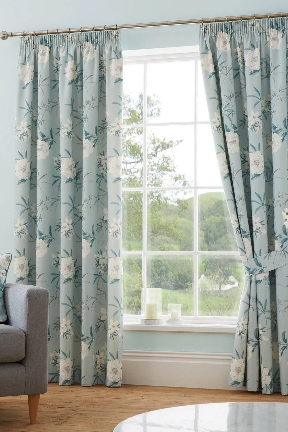 Dreams & Drapes 'Eve' 100% Cotton Floral Pair of Pencil Pleat Curtains With Tie-Backs in Duck Egg Blue 1