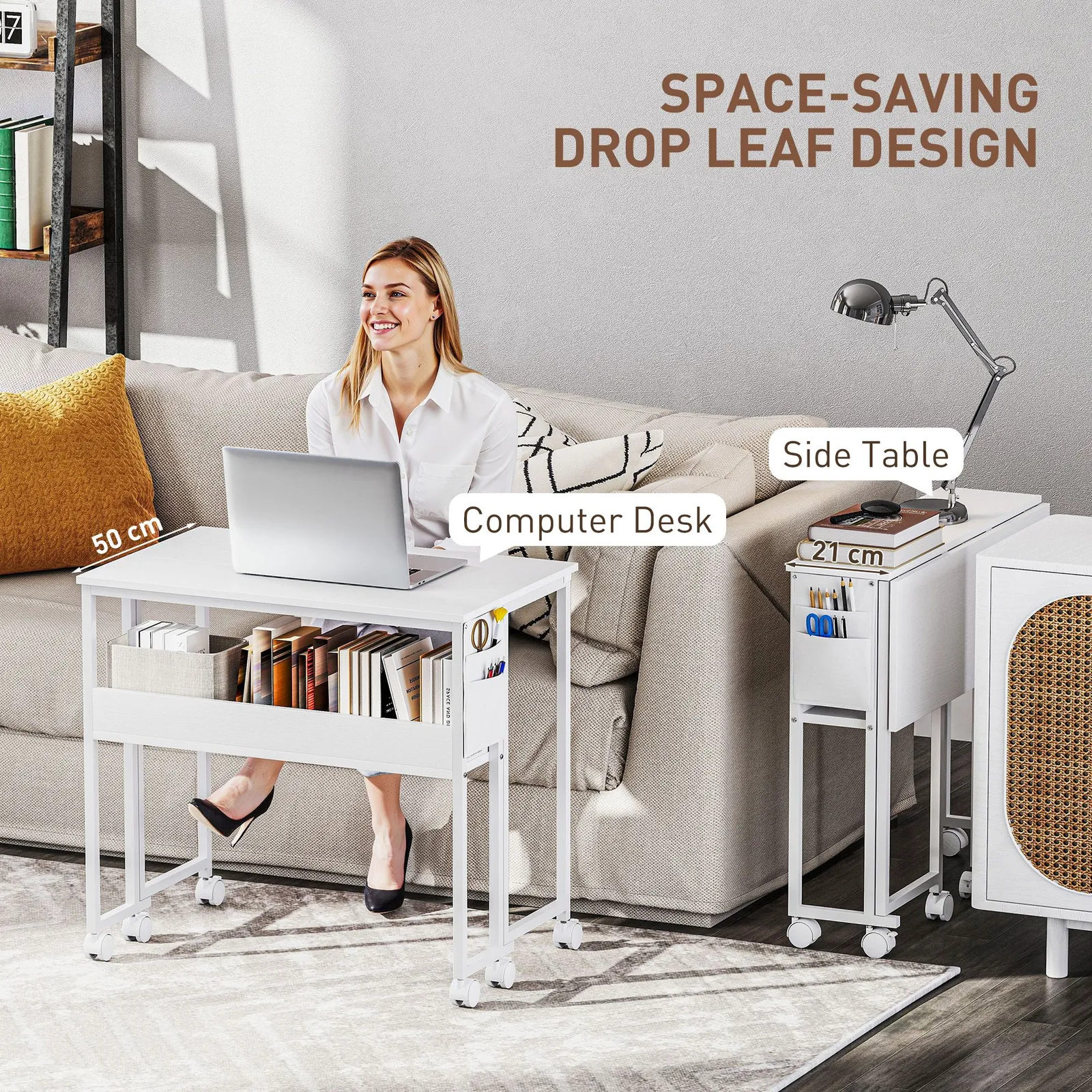 HOMCOM 80 cm Foldable Computer Desk on Wheels for Small Spaces White 4