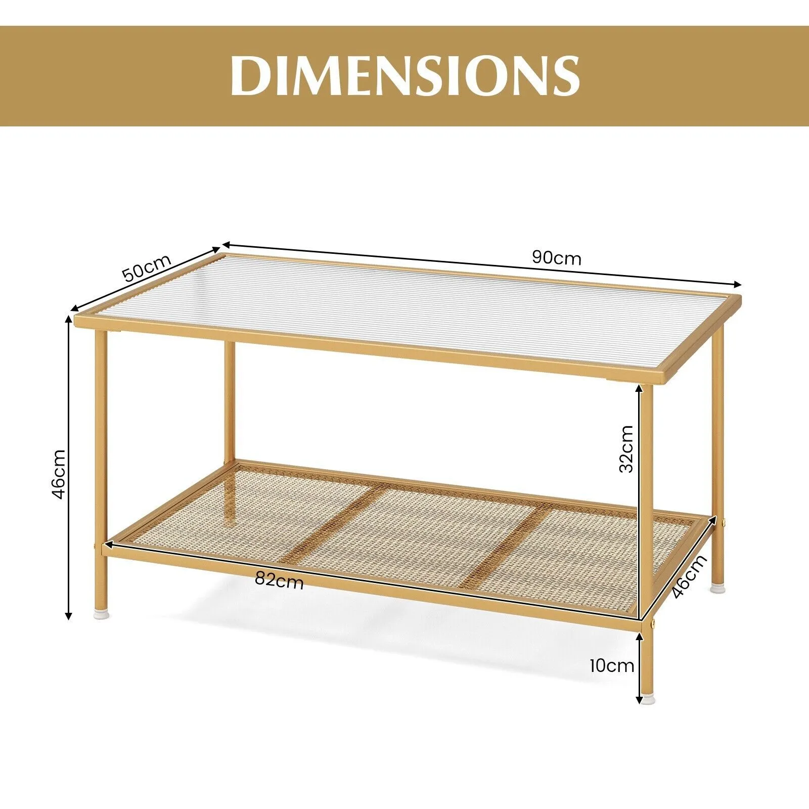 Costway 2-Tier Coffee Table Rectangle Cocktail Accent Table with Tempered Glass Top in Gold 2