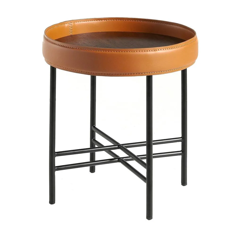 Angel Cerda Round Coffee Table, Walnut Top, Black Steel Legs, Orange Detail in Tan