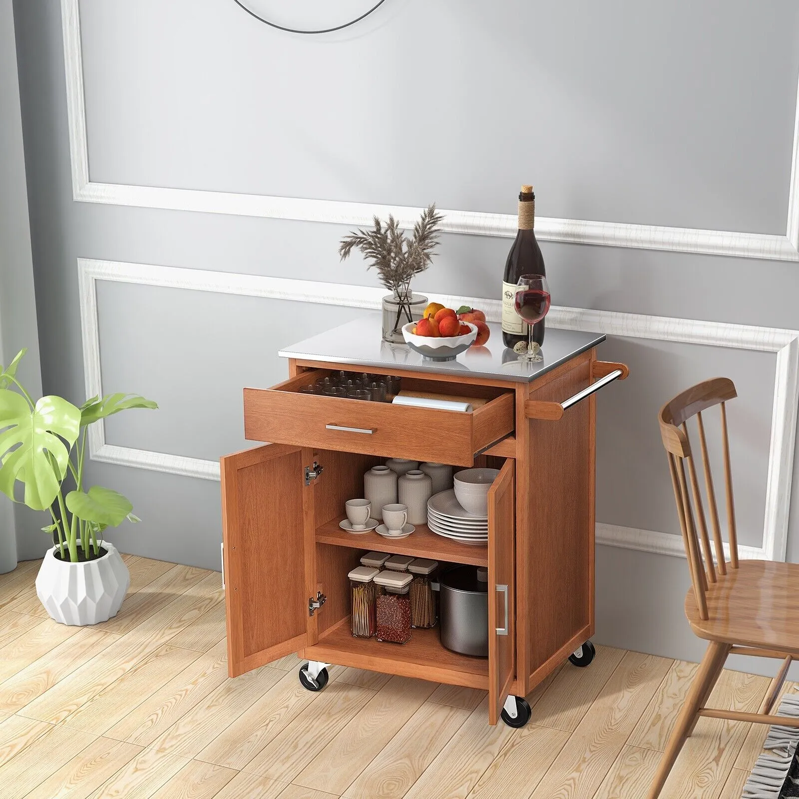 Costway Kitchen Island Rolling Storage Cabinet Trolley Cart Stainless Steel Countertop in Light Oak 4