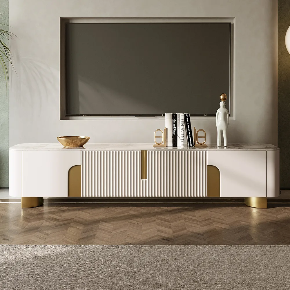 200 cm  Stone Top Beige & Gold TV Stand with 4 Doors and Storage