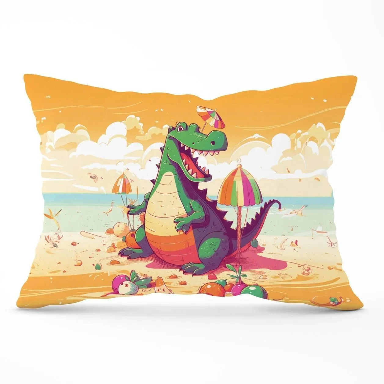 Warren Reed - Designer Crocodile On A Beach Holiday Cushions in Yellow