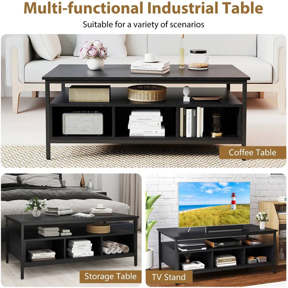 Costway Industrial 3-Tier Coffee Table Rectangular Center Table w/Shelf-Black in Black 6