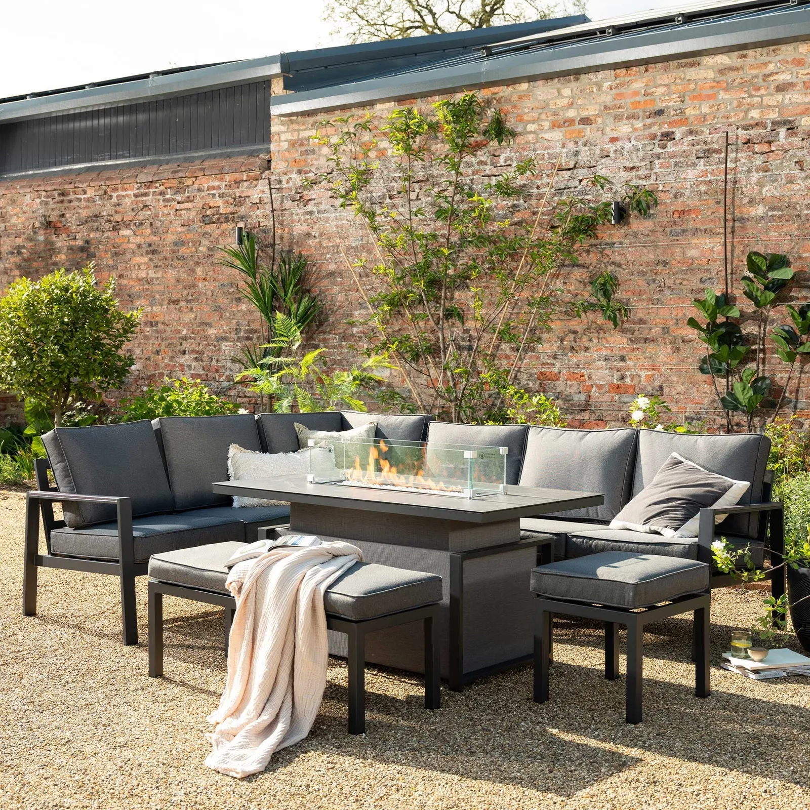 Fierza Large Corner Sofa Set-Rising Firepit Table, Aluminium, Grey | Barker & Stonehouse