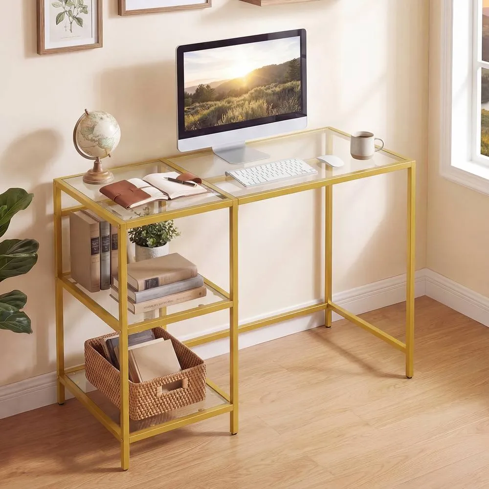 Costway Tempered Glass Computer Desk Modern Office Desk with Storage Shelves in Gold 4